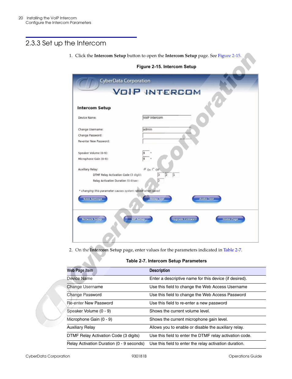 3 set up the intercom, Table 2-7, Section 2.3.3, "set up | The intercom | CyberData VoIP Intercom User Manual | Page 28 / 48