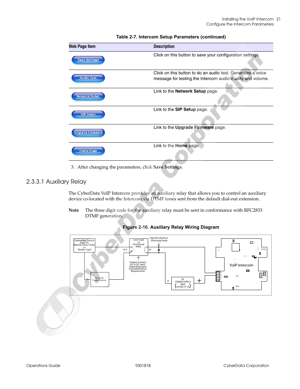 1 auxiliary relay, Section 2.3.3.1, Auxiliary relay | Figure 2-16 | CyberData VoIP Intercom User Manual | Page 29 / 48