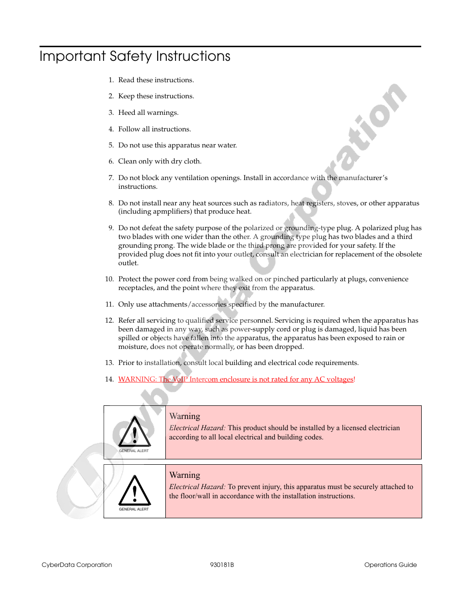 Important safety instructions, Warning | CyberData VoIP Intercom User Manual | Page 3 / 48