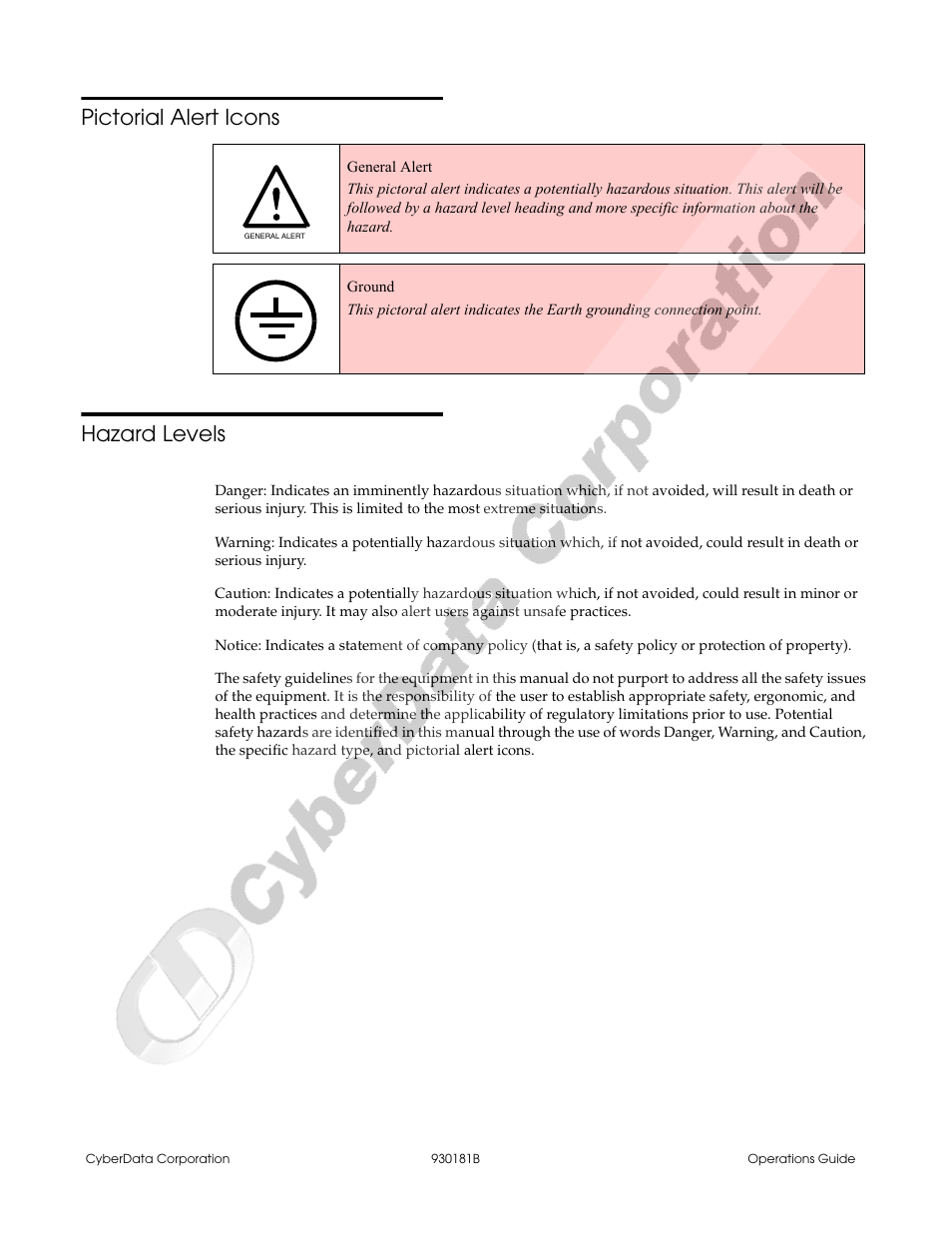 Pictorial alert icons hazard levels | CyberData VoIP Intercom User Manual | Page 4 / 48
