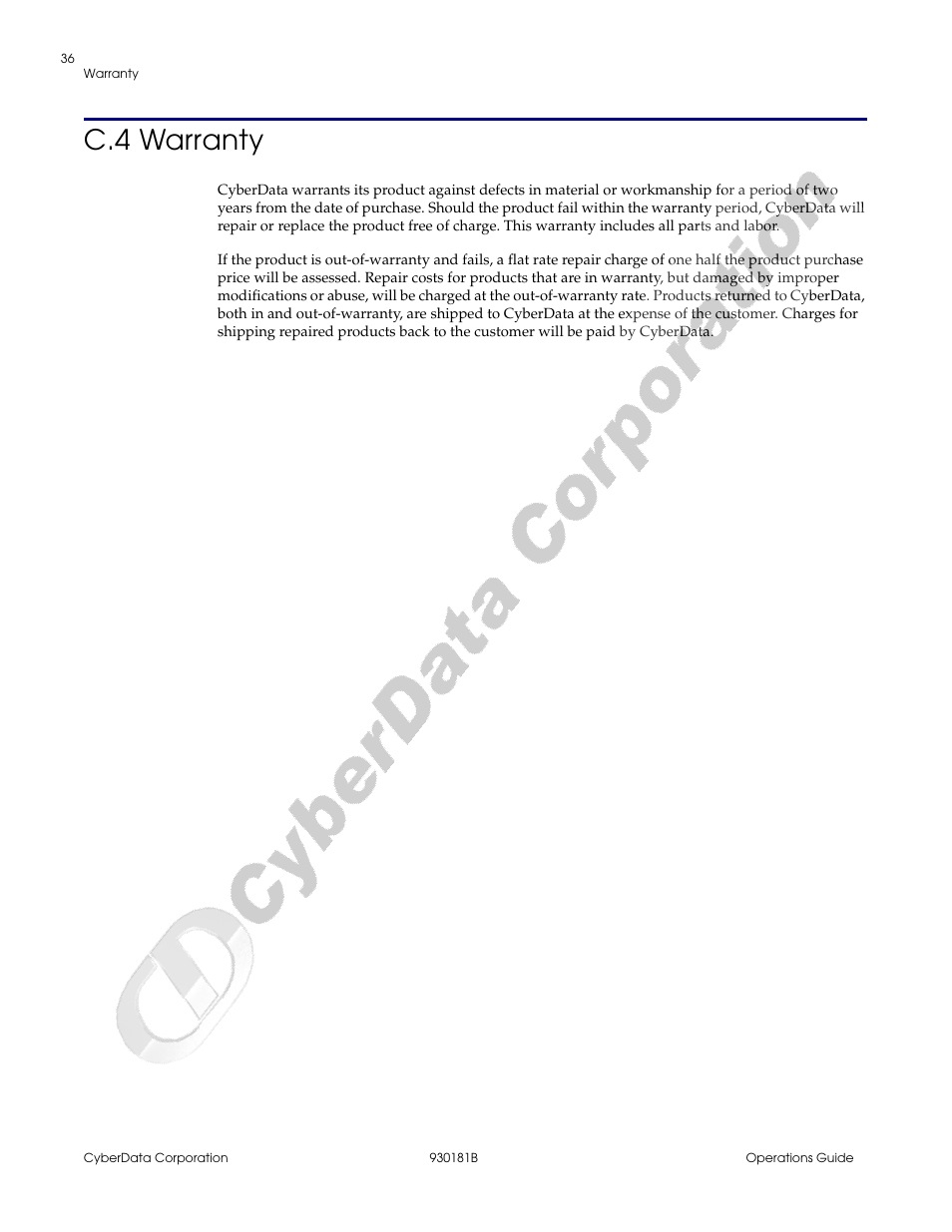 C.4 warranty | CyberData VoIP Intercom User Manual | Page 44 / 48