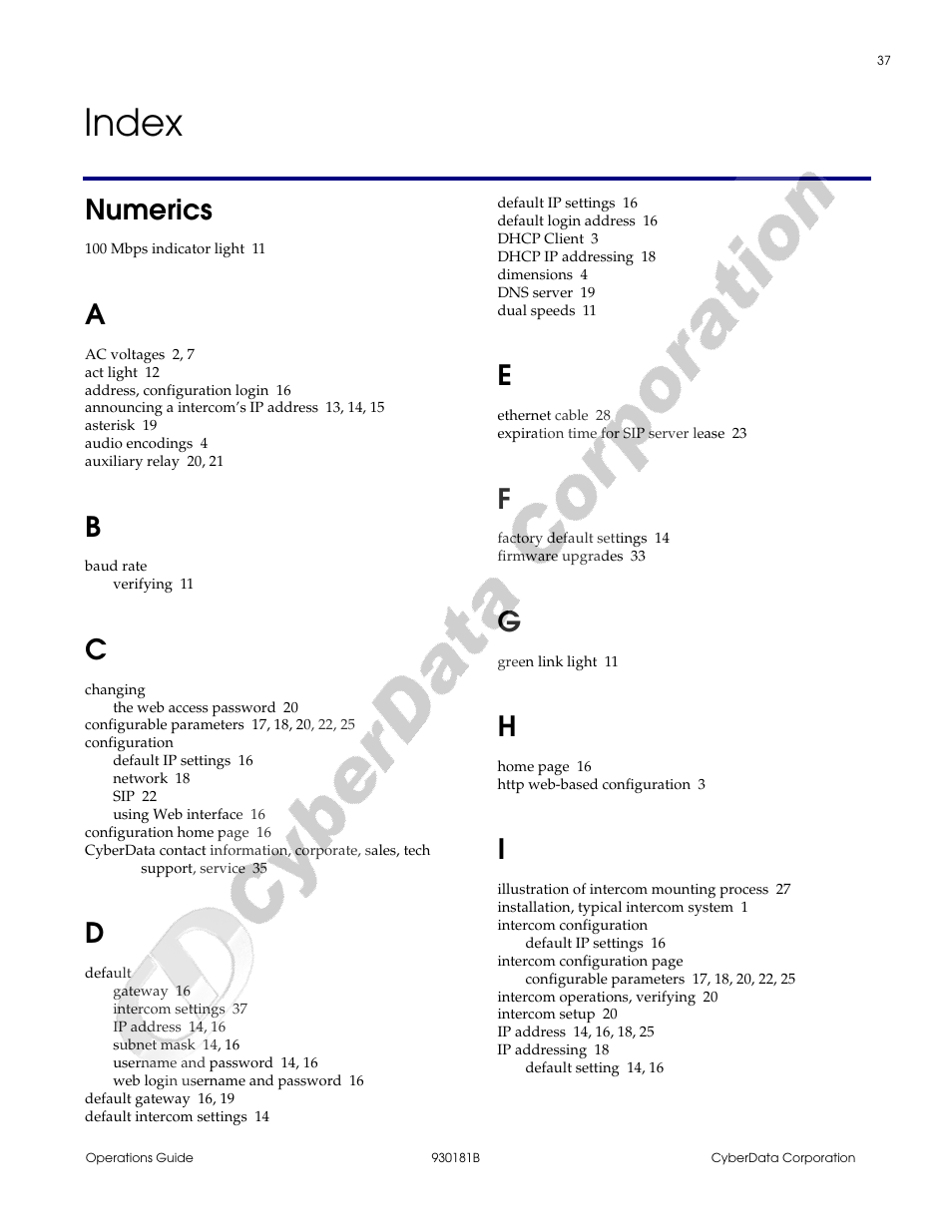 Index, Index 37, Numerics | CyberData VoIP Intercom User Manual | Page 45 / 48