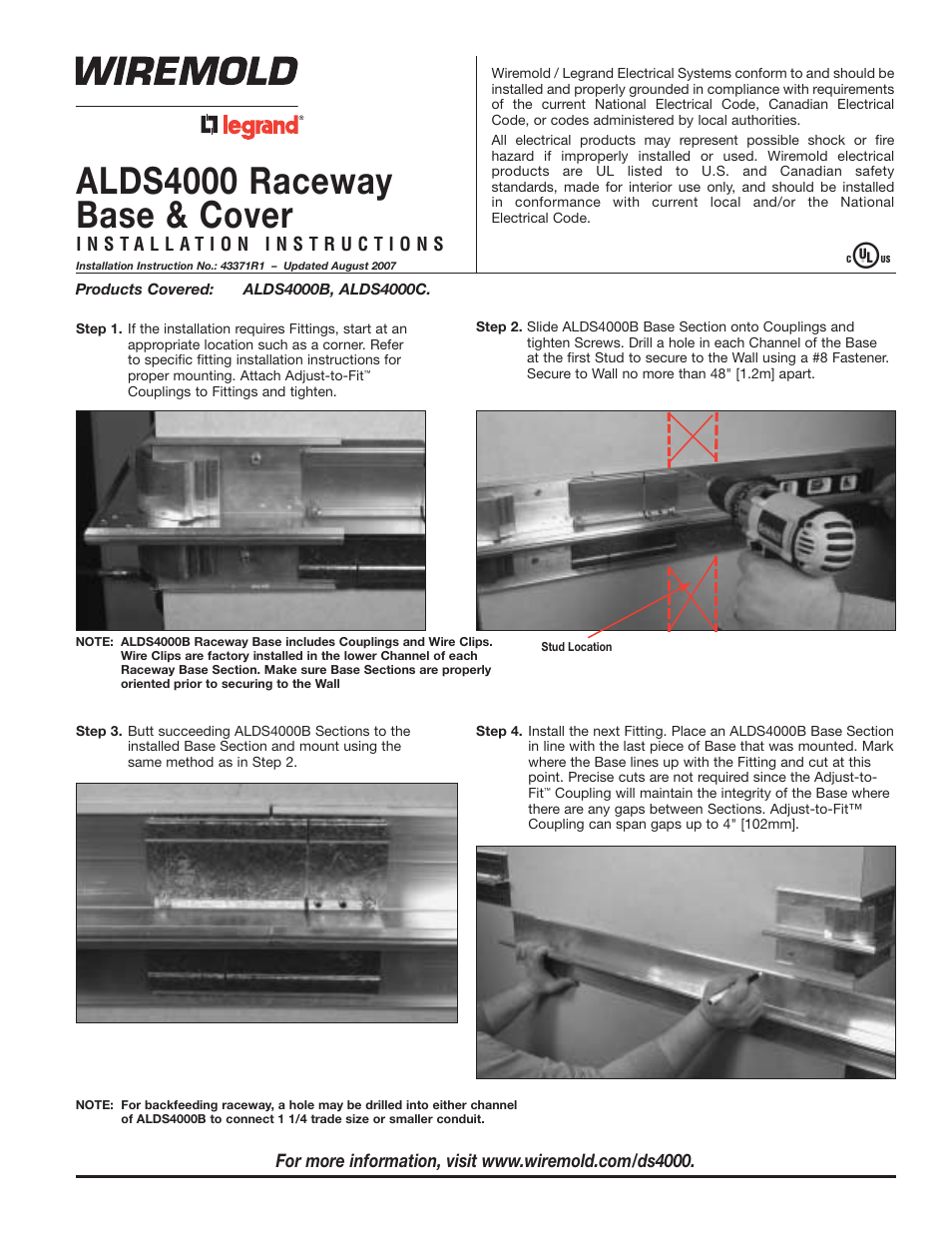 Legrand ALDS4000 Designer Series Large Raceway Base User Manual | 4 pages