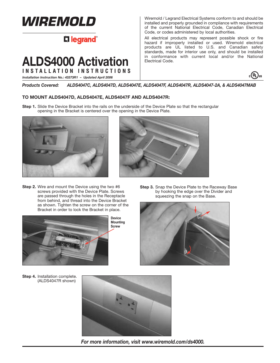 Legrand ALDS4000 Designer Series Large Raceway Activation User Manual | 4 pages