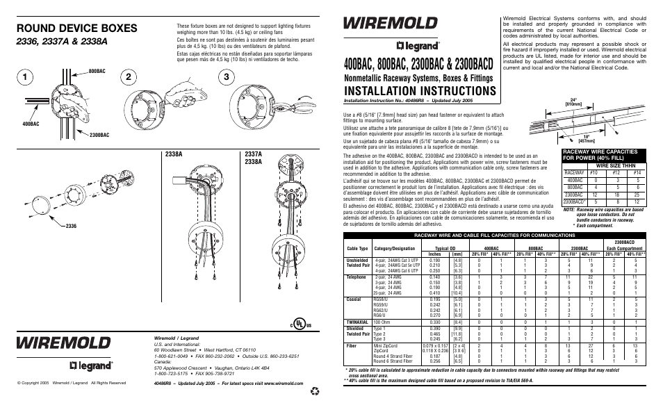 Legrand 400 Series Power-Rated Raceway Round Device Boxes User Manual | 2 pages