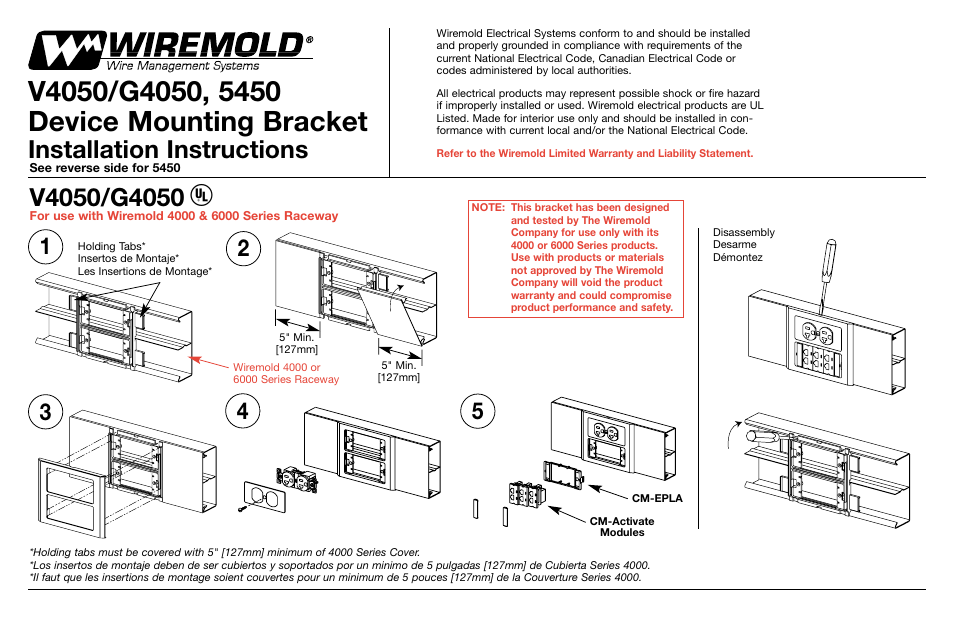 Legrand 4000 Series Large Steel Prewired Raceway Device Mounting Bracket User Manual | 2 pages