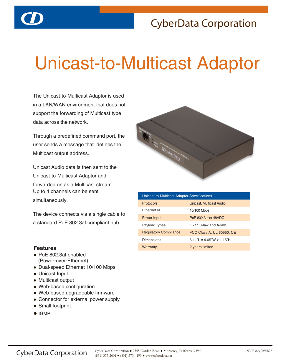 CyberData Unicast-to-Multicast Adaptor User Manual | 2 pages