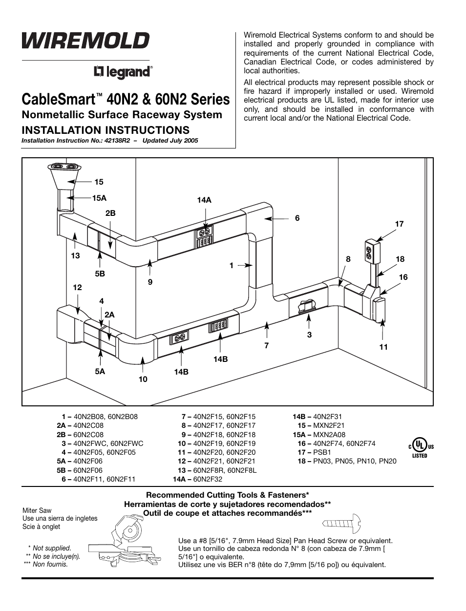 Legrand 40N2 Series CableSmart Nonmetallic Surface Raceway System User Manual | 6 pages