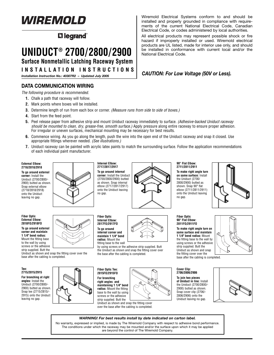 Legrand Uniduct 2700 Series Low-Voltage Latching Raceway User Manual | 2 pages