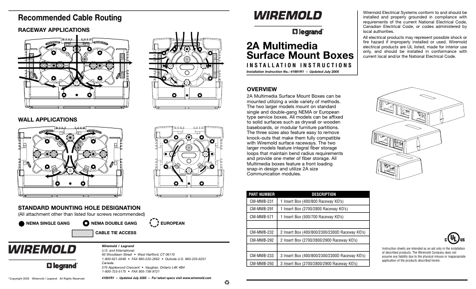 Legrand 2700 Series Uniduct Low-Voltage Latching Raceway 2A Multimedia Surface Mount Boxes User Manual | 2 pages