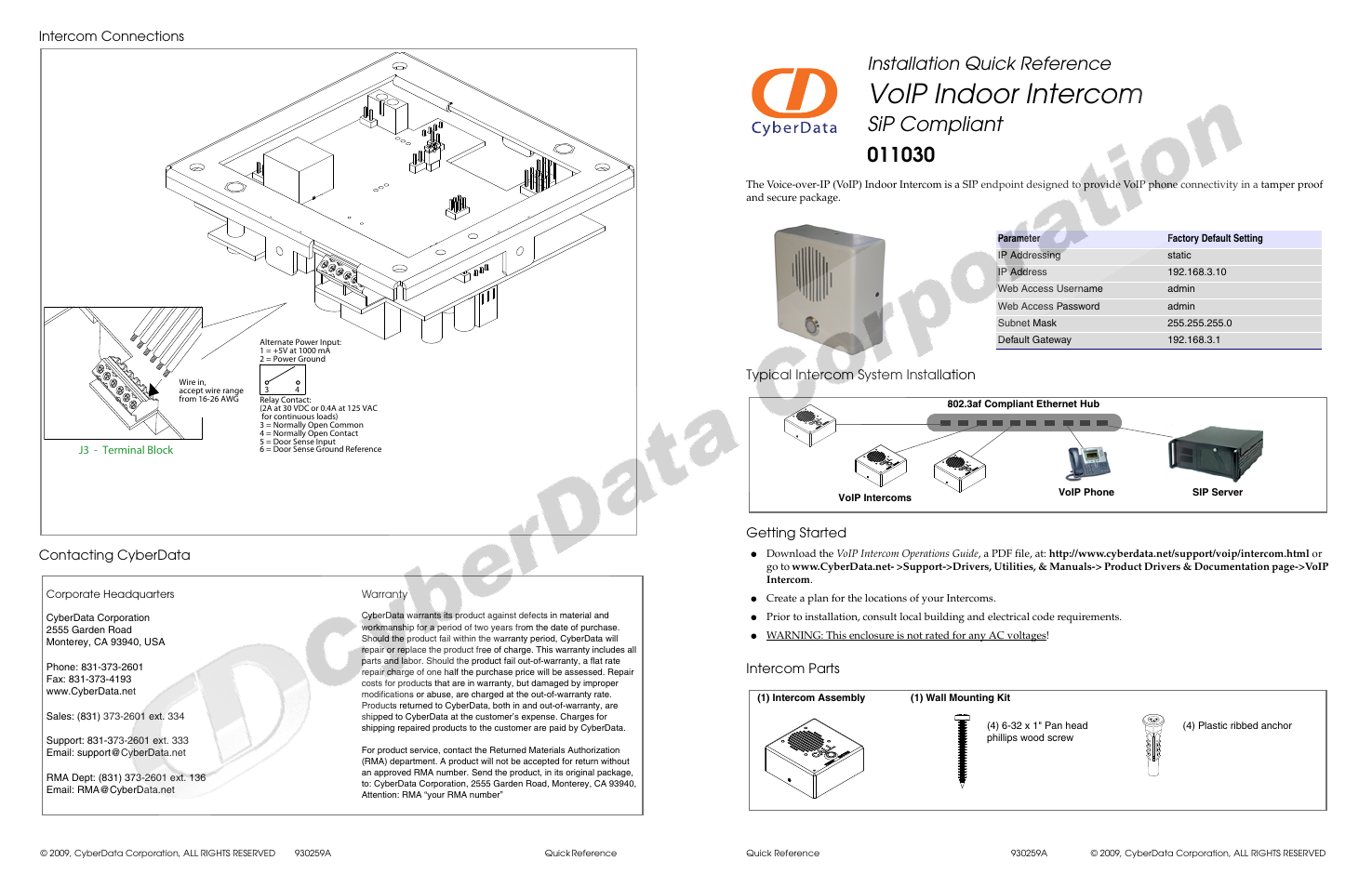CyberData VoIP Indoor Intercom 011030 User Manual | 2 pages