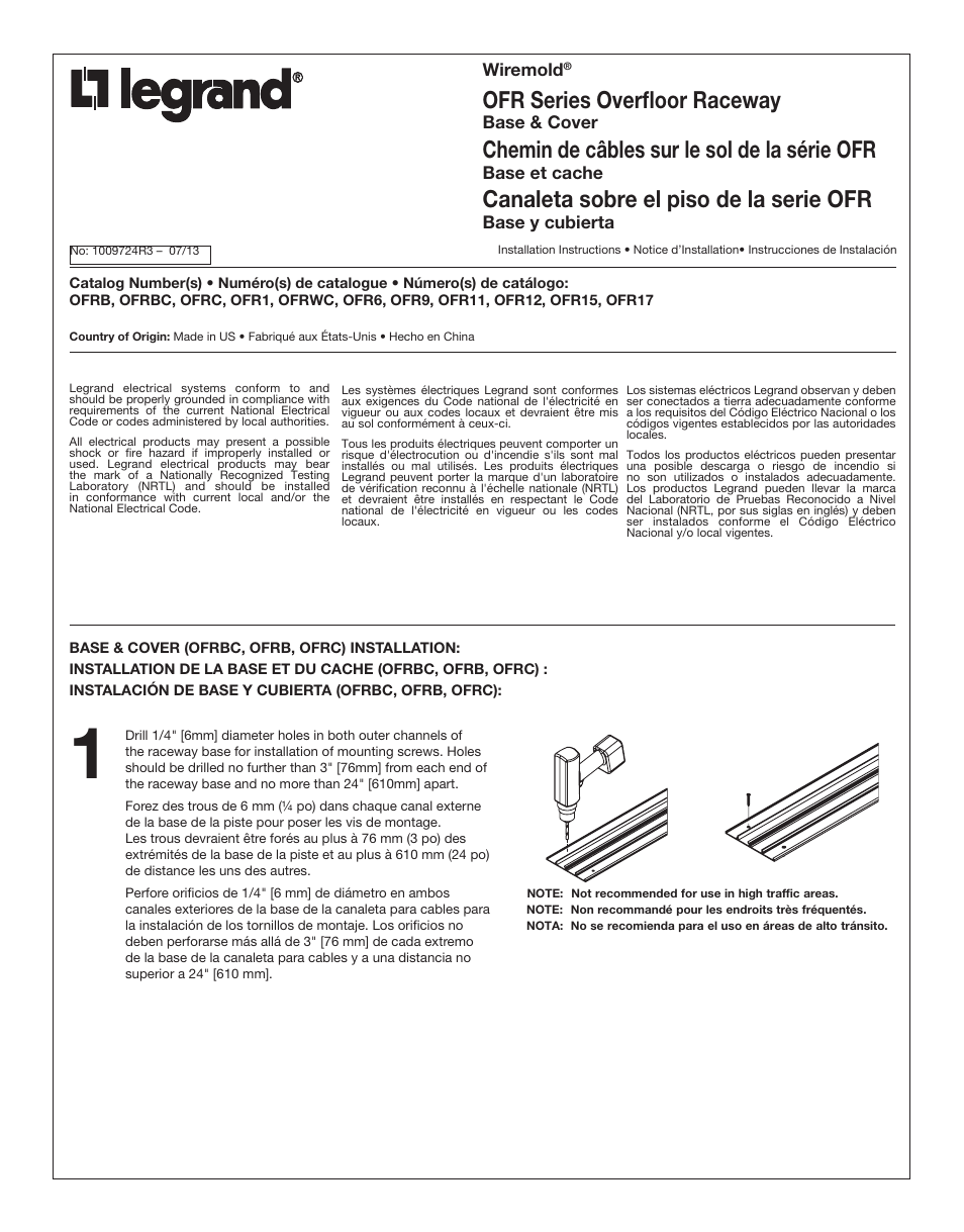 Legrand OFR Series Overfloor Raceway Base User Manual | 12 pages