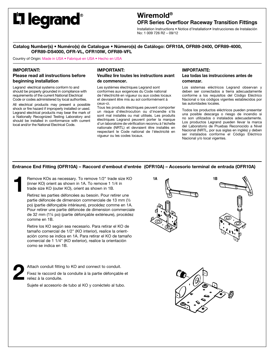 Legrand OFR Series Overfloor Raceway Transition Fittings User Manual | 12 pages