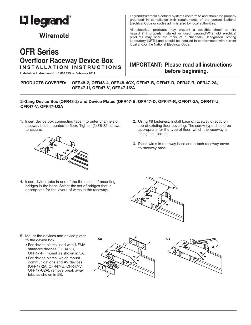 Legrand OFR Series Overfloor Raceway Device Boxes User Manual | 12 pages