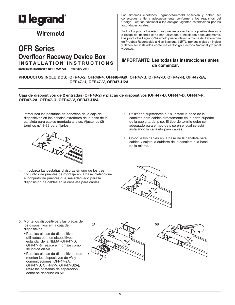 Ofr series, Overfloor raceway device box | Legrand OFR Series Overfloor Raceway Device Boxes User Manual | Page 9 / 12