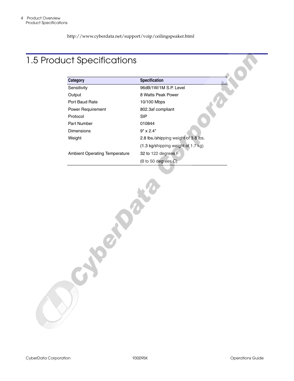 5 product specifications, Section 1.5, "product, Specifications | CyberData 930095K User Manual | Page 10 / 42