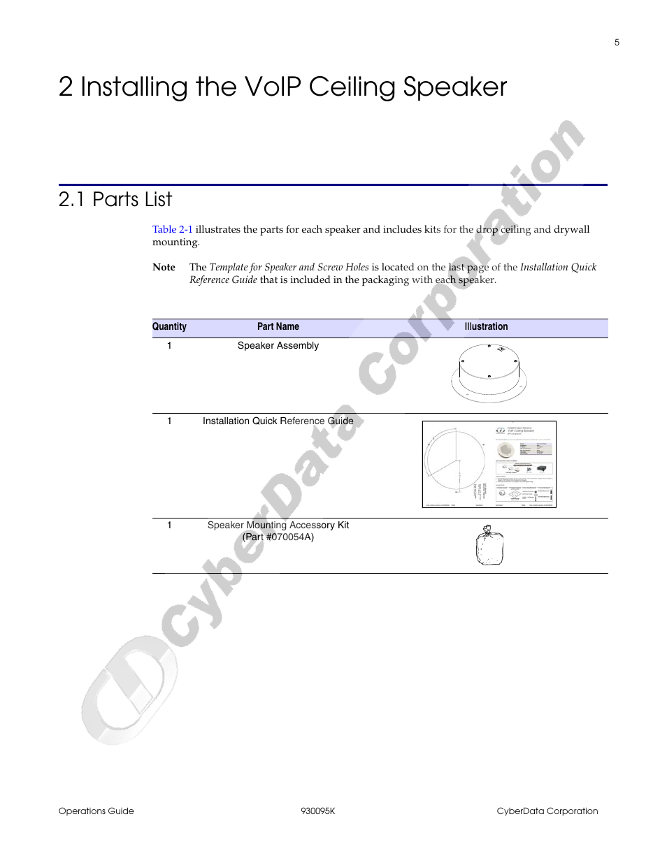2 installing the voip ceiling speaker, 1 parts list, Chapter 2 installing the voip ceiling speaker | CyberData 930095K User Manual | Page 11 / 42