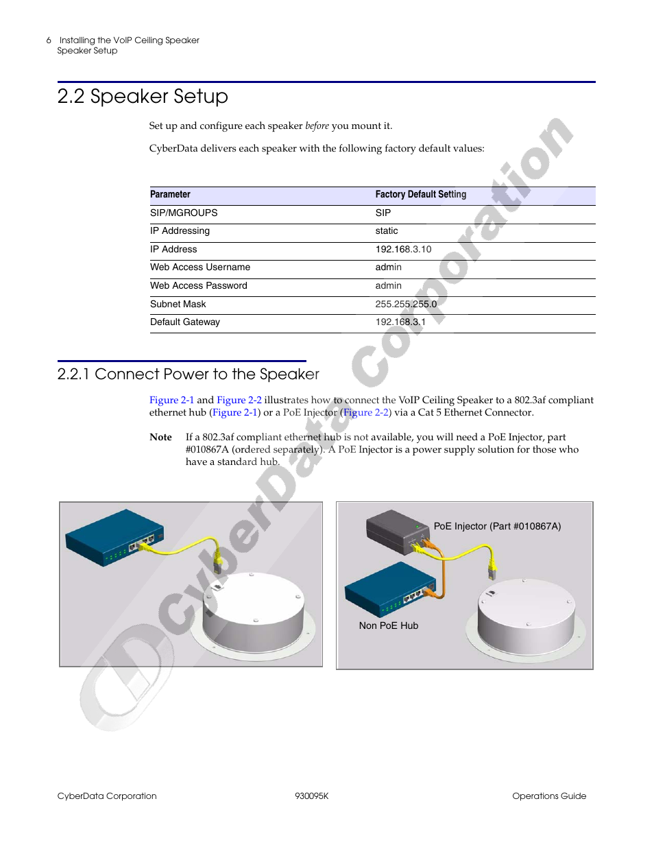 2 speaker setup, 1 connect power to the speaker | CyberData 930095K User Manual | Page 12 / 42