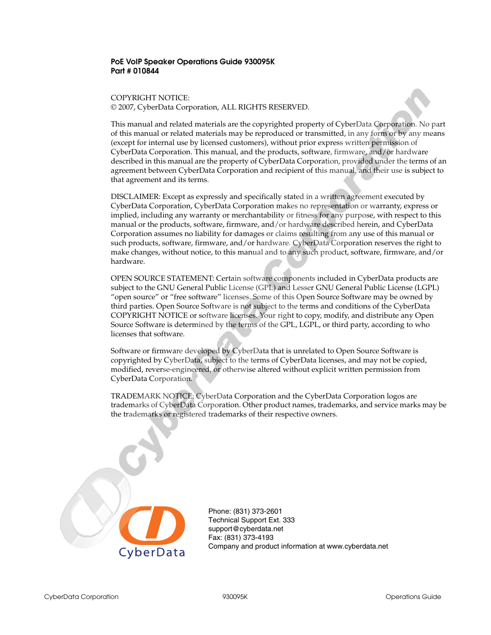 CyberData 930095K User Manual | Page 2 / 42