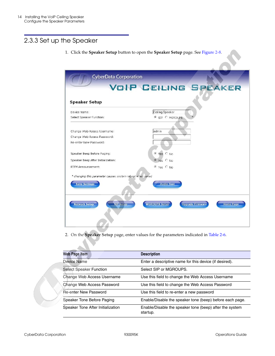 3 set up the speaker, Table 2-6 | CyberData 930095K User Manual | Page 20 / 42