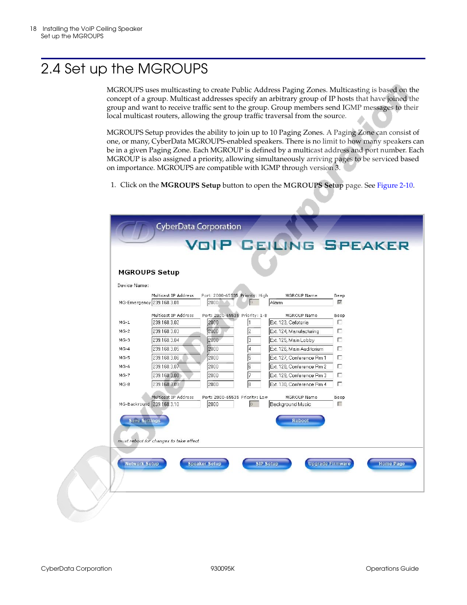 4 set up the mgroups, Section 2.4, "set up the mgroups, Section 2.4, "set | Up the mgroups | CyberData 930095K User Manual | Page 24 / 42