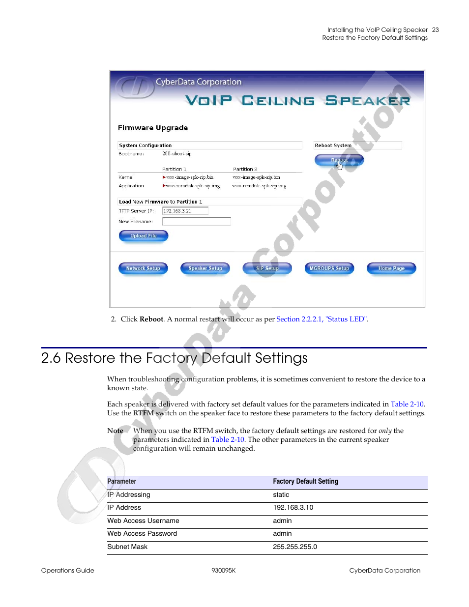 6 restore the factory default settings, Section 2.6, "restore the factory default settings, Figure 2-12 | CyberData 930095K User Manual | Page 29 / 42