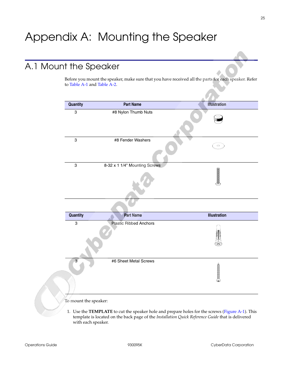 Appendix a: mounting the speaker, A.1 mount the speaker, Appendix a, “mounting the | Speaker, Appendix a mounting the speaker, Chapter a, “mounting the speaker, For instr | CyberData 930095K User Manual | Page 31 / 42