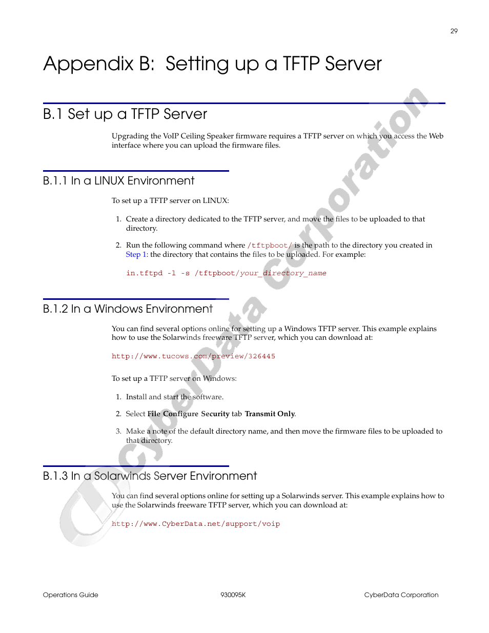 Appendix b: setting up a tftp server, B.1 set up a tftp server, B.1.1 in a linux environment | B.1.2 in a windows environment, B.1.3 in a solarwinds server environment, Appendix b setting up a tftp server, Appendix b, “setting up, A tftp server | CyberData 930095K User Manual | Page 35 / 42