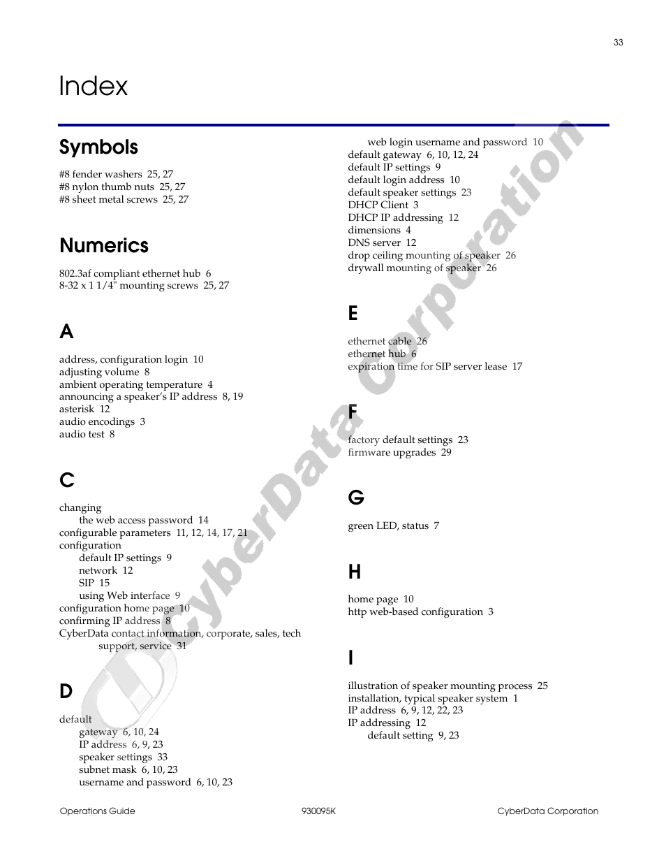 Index, Index 33, Symbols | Numerics | CyberData 930095K User Manual | Page 39 / 42