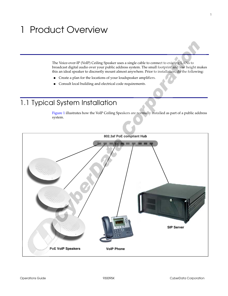 1 product overview, 1 typical system installation, Chapter 1 product overview | CyberData 930095K User Manual | Page 7 / 42