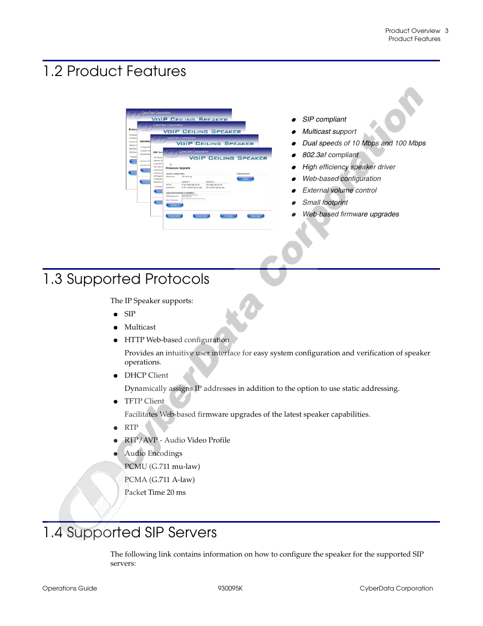 2 product features, 3 supported protocols, 4 supported sip servers | 2 product features 1.3 supported protocols | CyberData 930095K User Manual | Page 9 / 42
