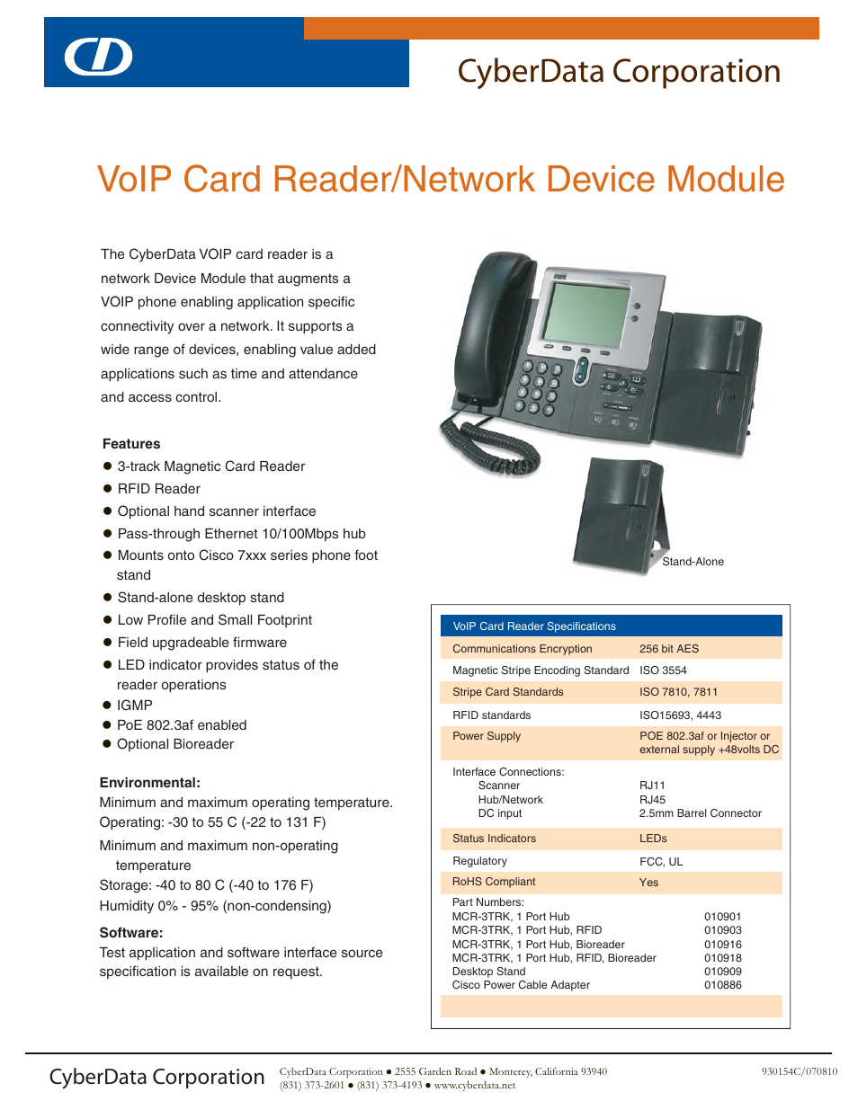 CyberData VoIP Card Reader/Network Device Module User Manual | 2 pages