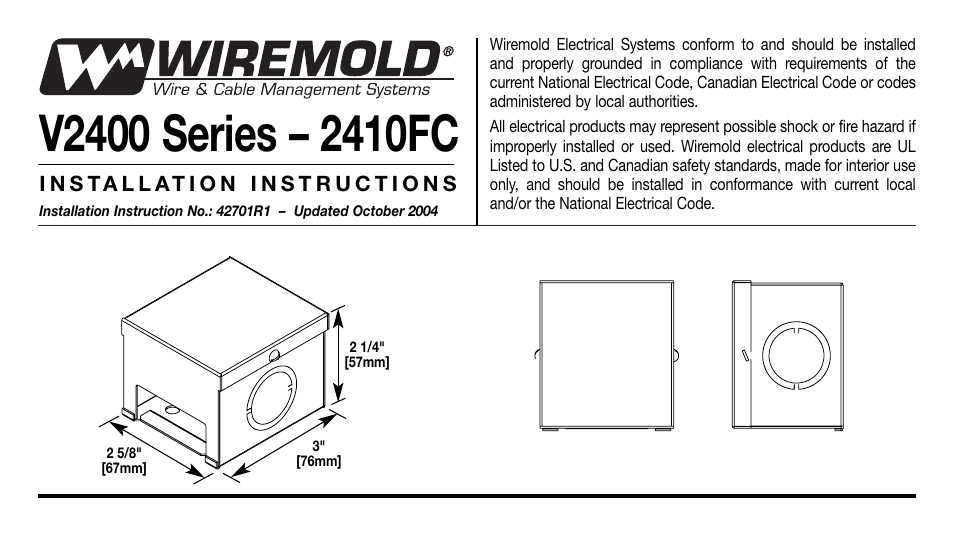 Legrand 2400 Series Plugmold Multioutlet System User Manual | 2 pages