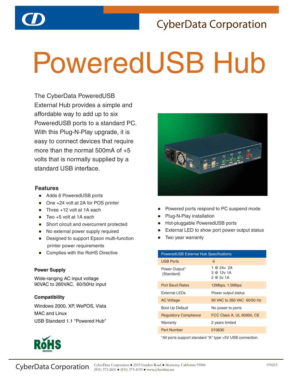 CyberData PoweredUSB Hub User Manual | 2 pages