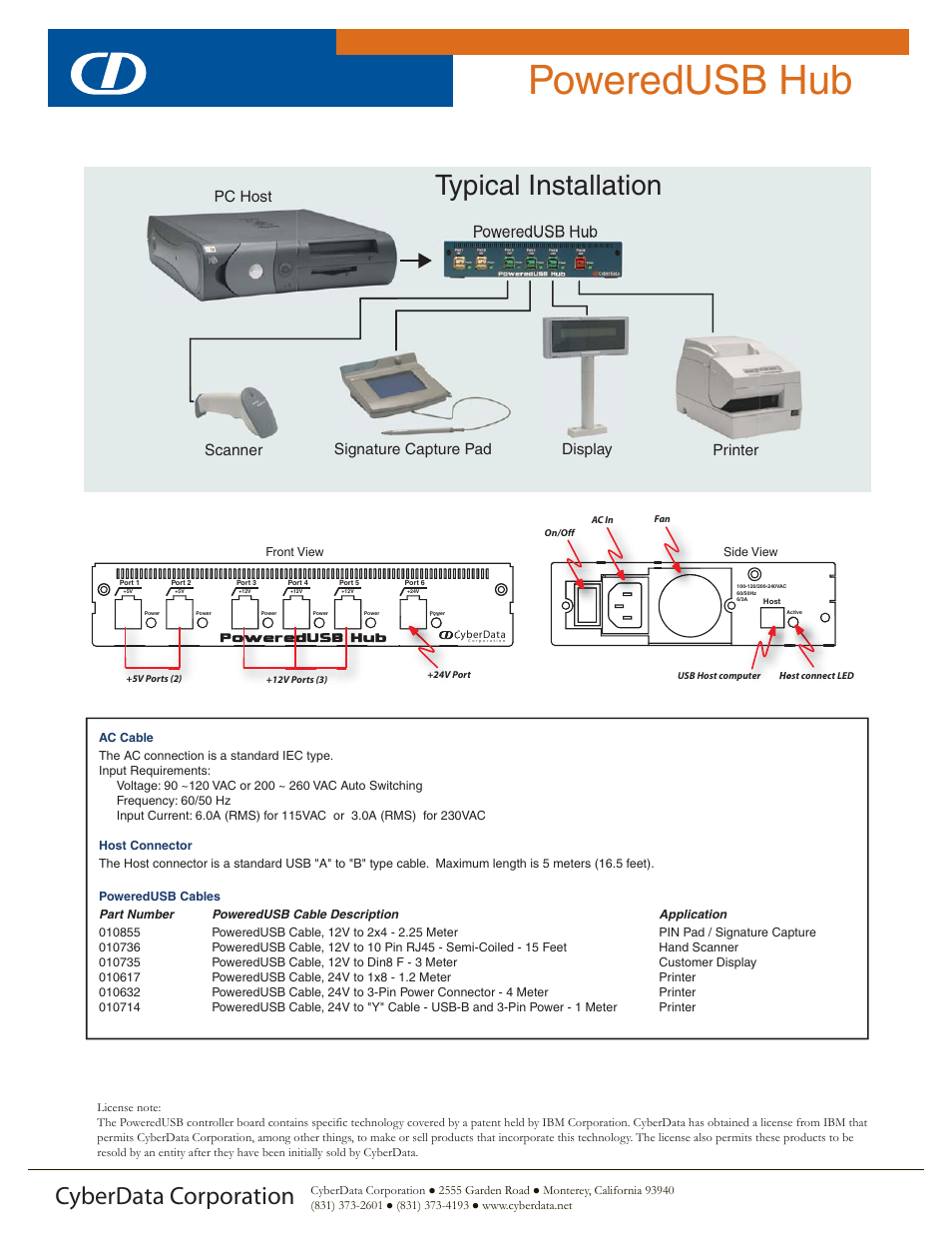 Poweredusb hub, Typical installation, Cyberdata corporation | CyberData PoweredUSB Hub User Manual | Page 2 / 2