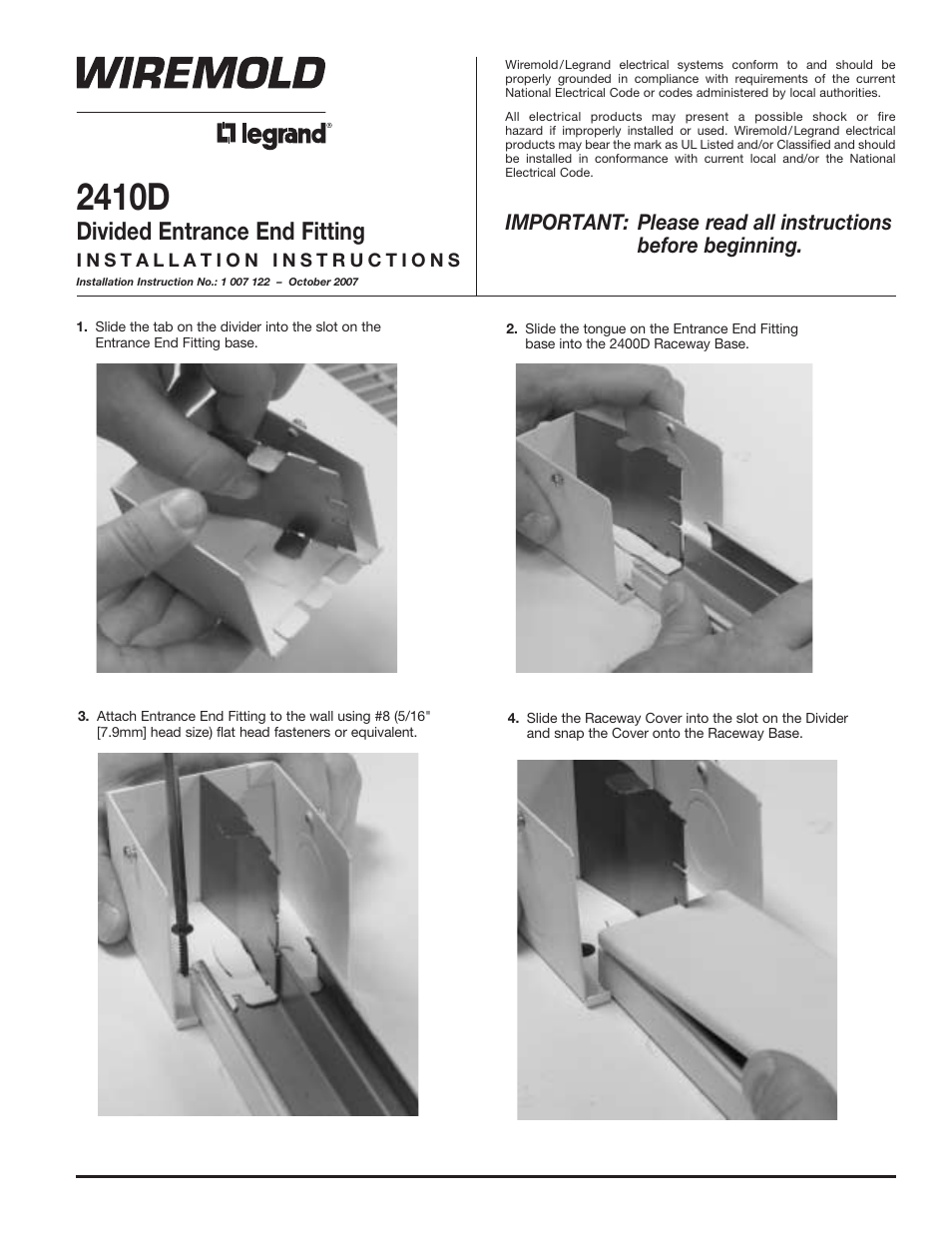 Legrand 2410D Divided Entrance End Fitting User Manual | 2 pages