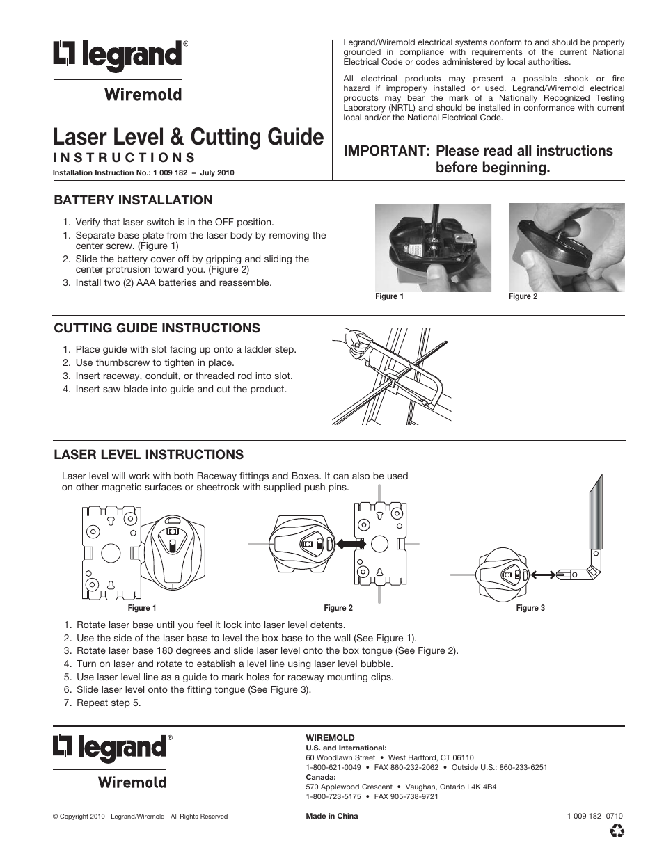 Legrand 500 Small Raceway Laser Level User Manual | 1 page