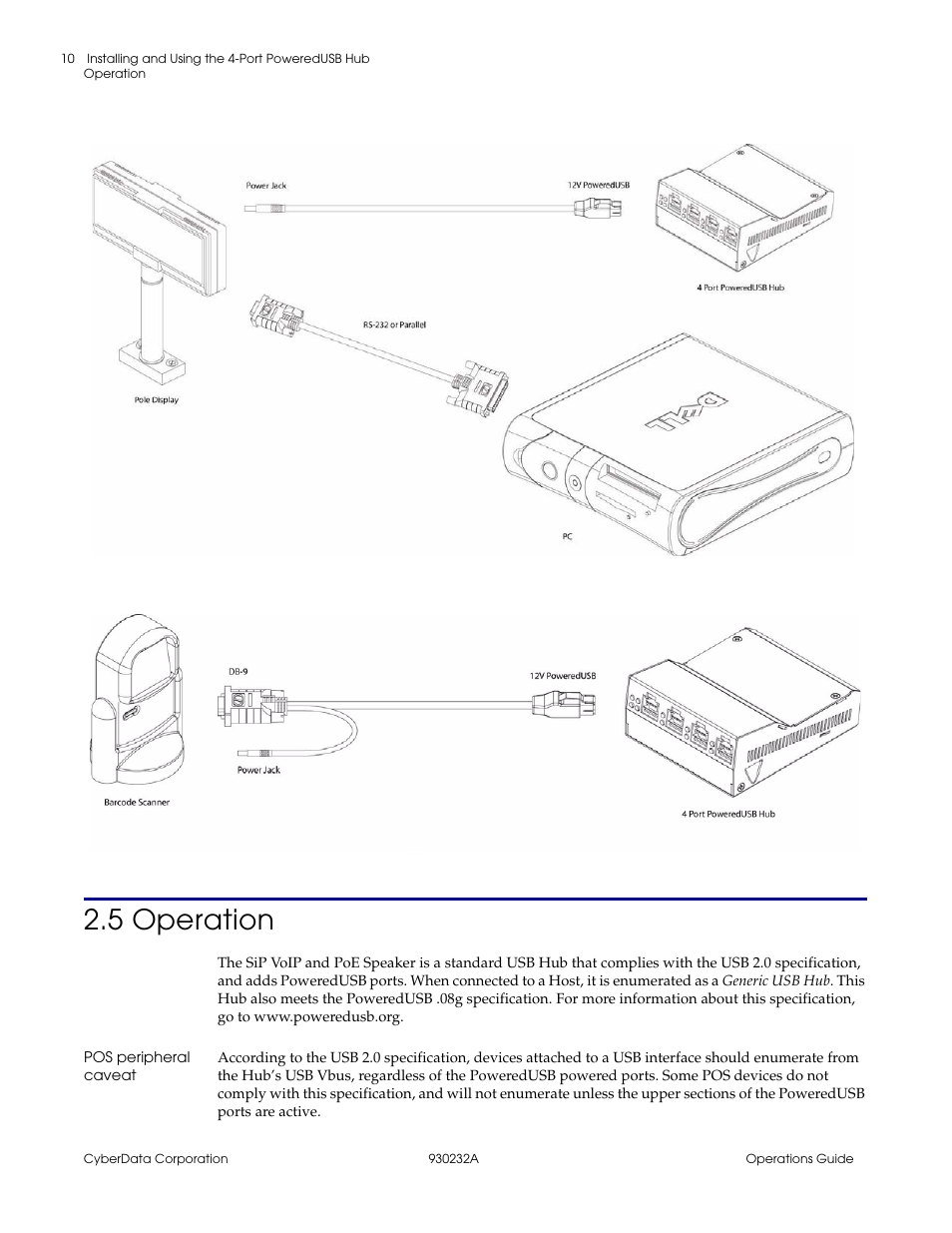 5 operation, Pos peripheral caveat | CyberData 4-PORT POWEREDUSB 2.0 HUB 11006 User Manual | Page 14 / 24