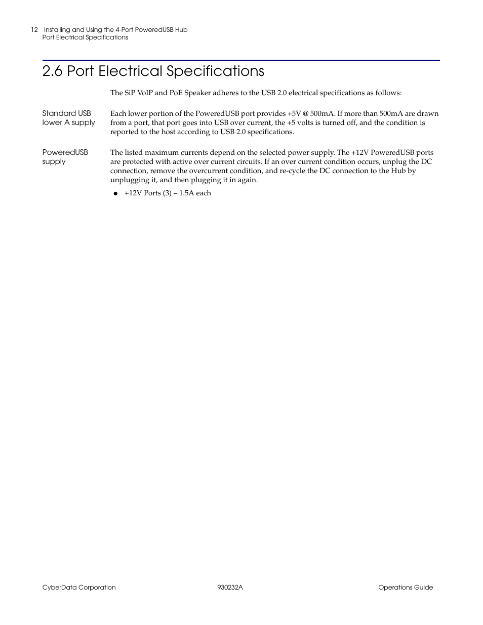 6 port electrical specifications, Standard usb lower a supply, Poweredusb supply | CyberData 4-PORT POWEREDUSB 2.0 HUB 11006 User Manual | Page 16 / 24