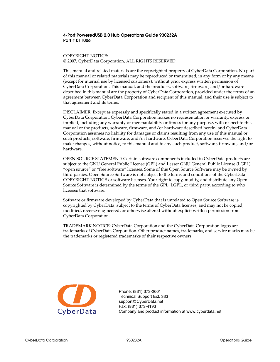 CyberData 4-PORT POWEREDUSB 2.0 HUB 11006 User Manual | Page 2 / 24