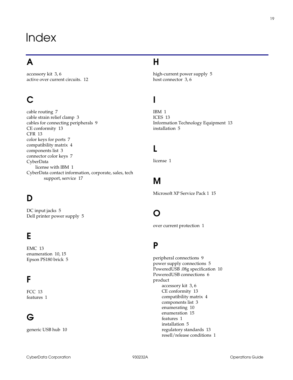 Index, Index 19 | CyberData 4-PORT POWEREDUSB 2.0 HUB 11006 User Manual | Page 23 / 24