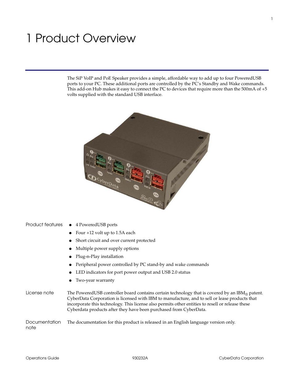 1 product overview, Product features, License note | Documentation note, Chapter 1 product overview | CyberData 4-PORT POWEREDUSB 2.0 HUB 11006 User Manual | Page 5 / 24