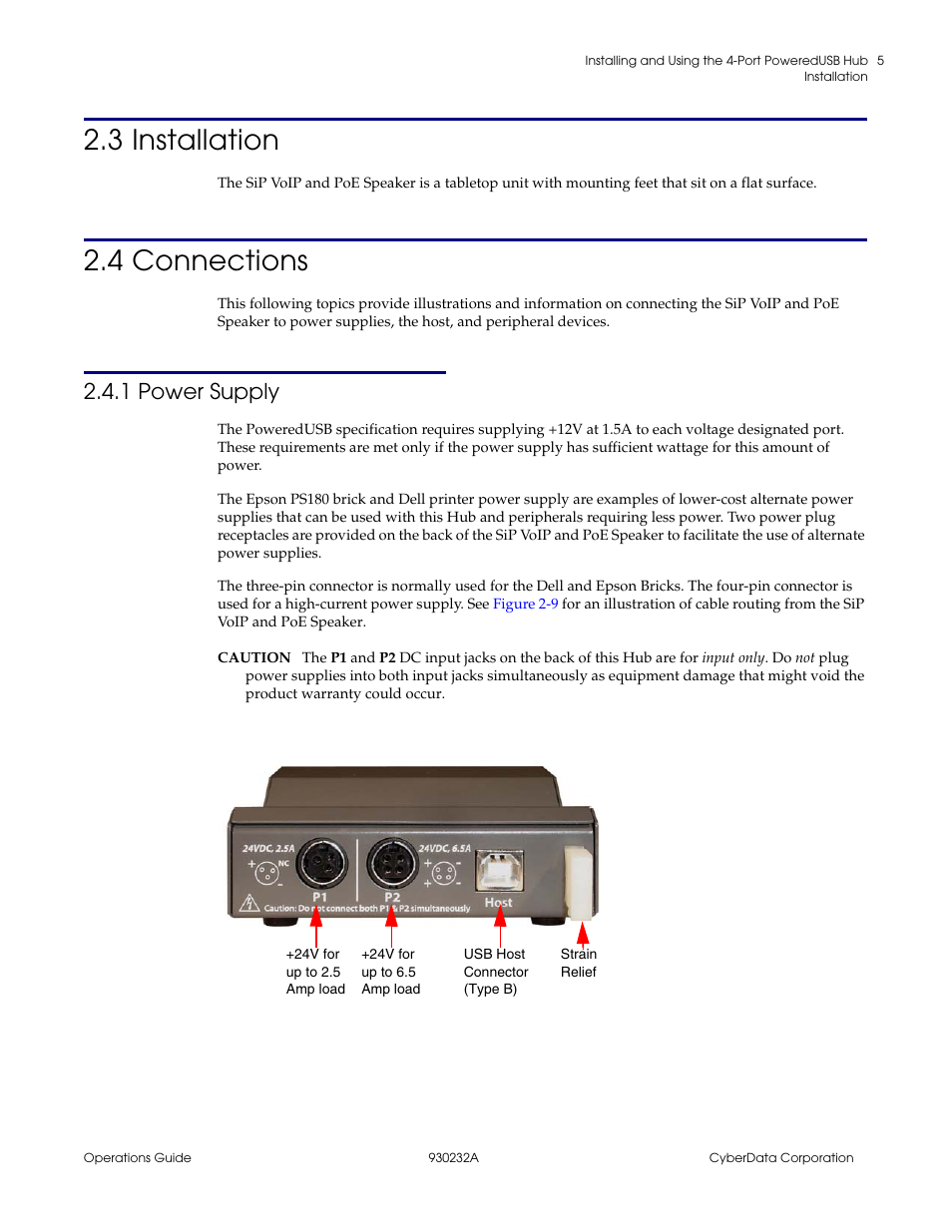 3 installation, 4 connections, 1 power supply | 3 installation 2.4 connections | CyberData 4-PORT POWEREDUSB 2.0 HUB 11006 User Manual | Page 9 / 24