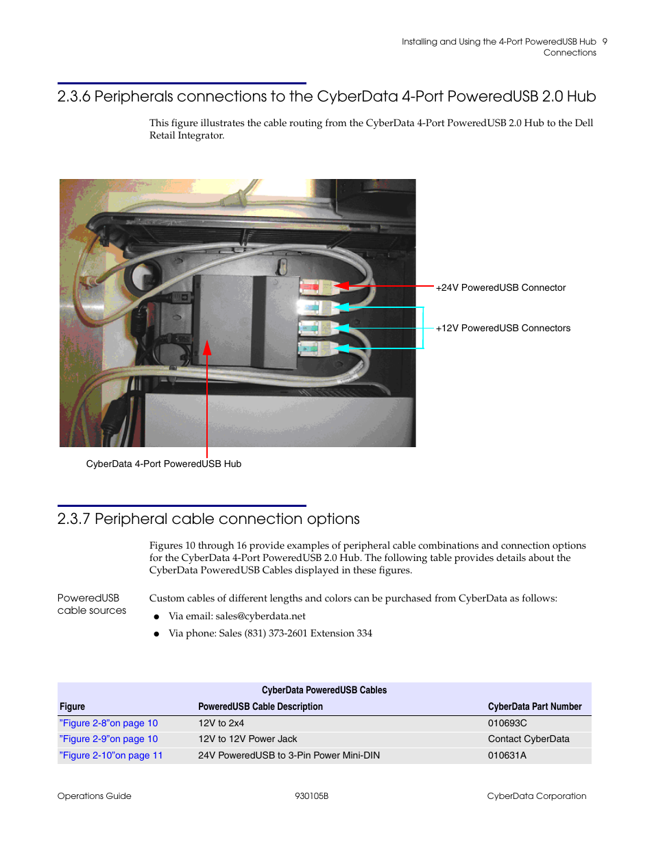 7 peripheral cable connection options, Poweredusb cable sources | CyberData 10845 User Manual | Page 13 / 24