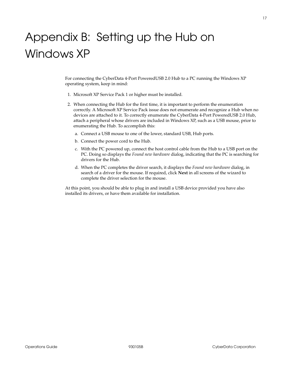 Appendix b setting up the hub on windows xp, Appendix b: setting up the hub on windows xp | CyberData 10845 User Manual | Page 21 / 24