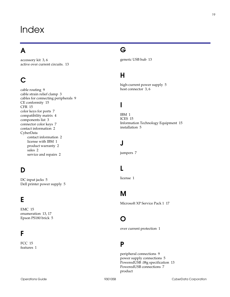 Index, Index 19 | CyberData 10845 User Manual | Page 23 / 24