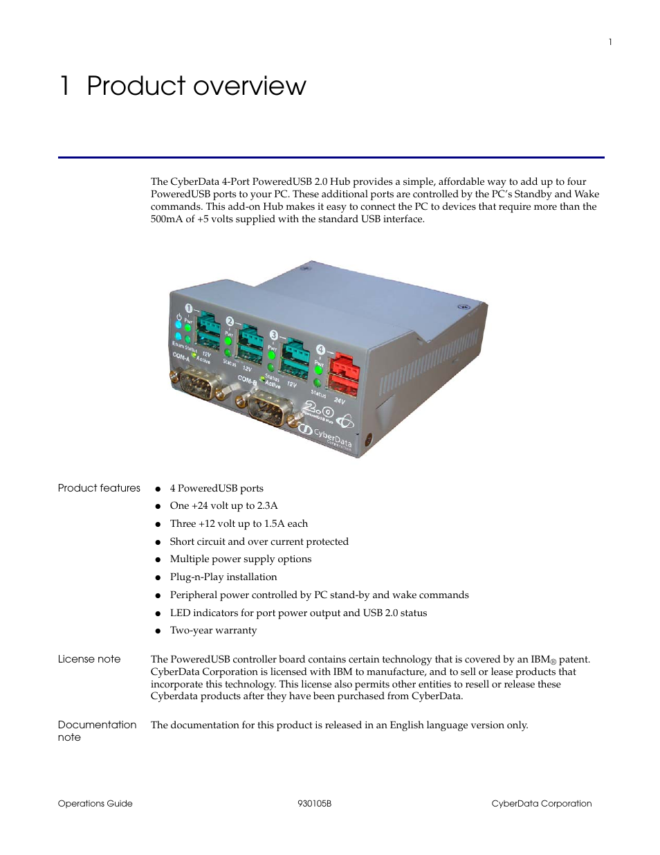 1 product overview, Product features, License note | Documentation note, Chapter 1 product overview | CyberData 10845 User Manual | Page 5 / 24