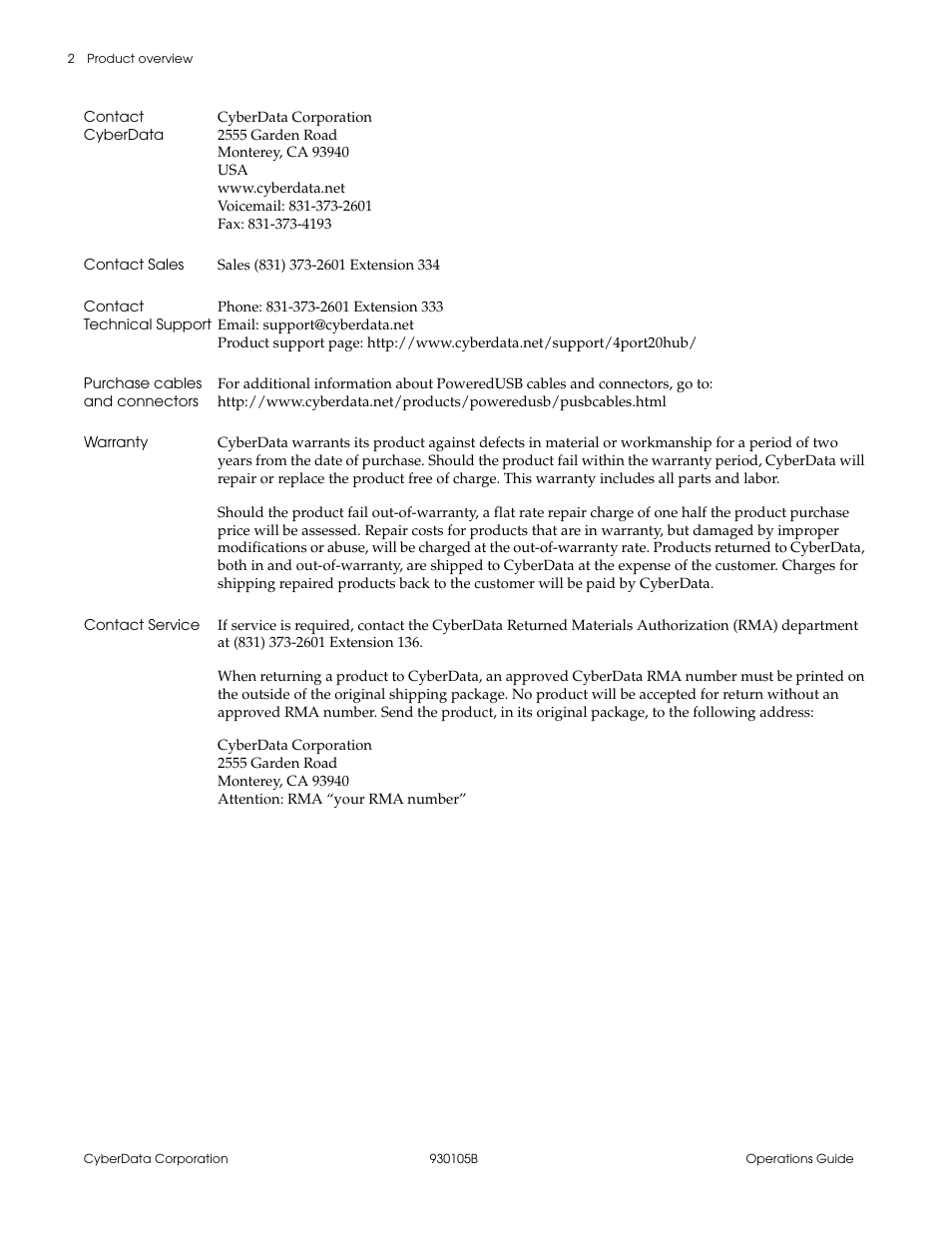 Contact cyberdata, Contact sales, Contact technical support | Purchase cables and connectors, Warranty, Contact service | CyberData 10845 User Manual | Page 6 / 24