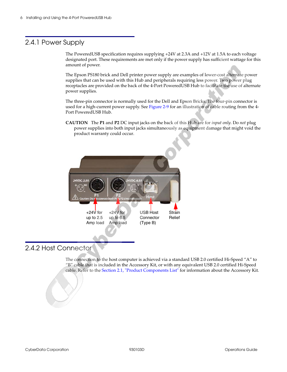 1 power supply, 2 host connector, 1 power supply 2.4.2 host connector | Section 2.4.1, "power supply, Section 2.4.2, "host connector | CyberData Hub User Manual | Page 10 / 26