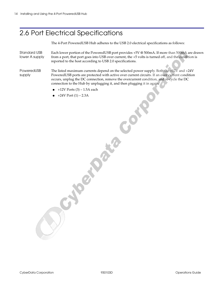 6 port electrical specifications, Standard usb lower a supply, Poweredusb supply | Section 2.6, "port electrical specifications | CyberData Hub User Manual | Page 18 / 26